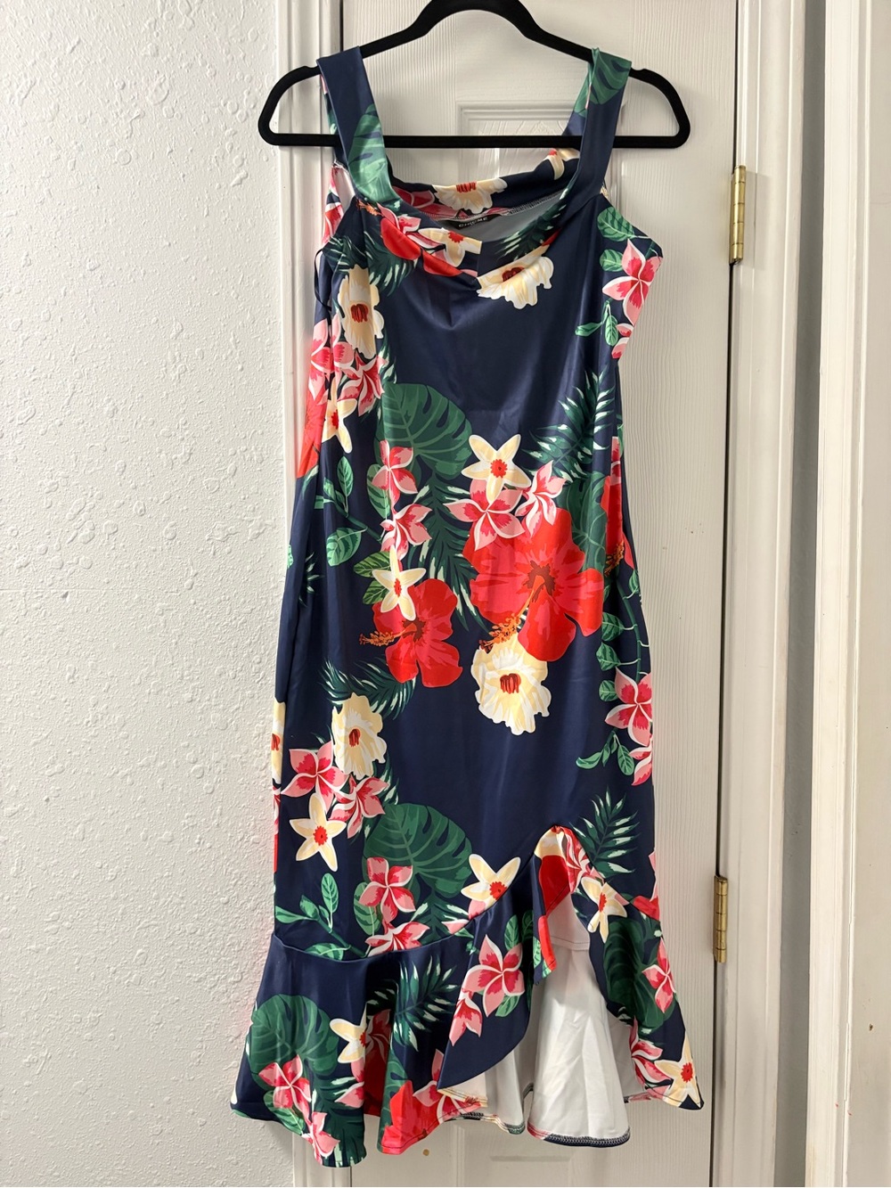 Navy Floral Midi Dress with Tropical Print